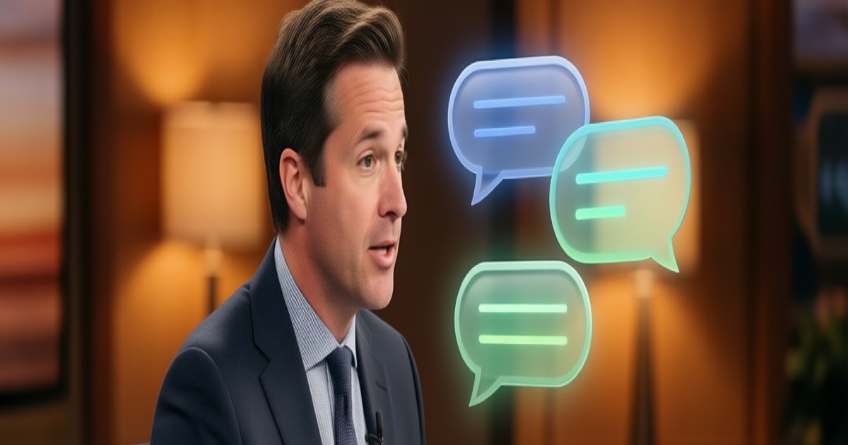 A man in a dark suit seated in a television studio interview chair gesturing as he speaks, with softly glowing translucent chat bubbles floating beside him.