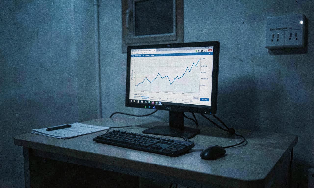 An empty office desk with a single monitor showing declining charts, cold blue lighting, cinematic