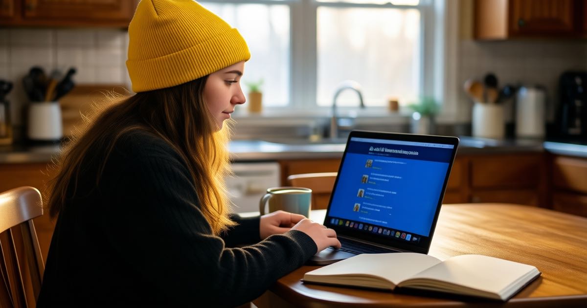 A young woman in a bright yellow beanie searches job listings on a laptop at a wooden kitchen table with a notebook and mug, warm morning light