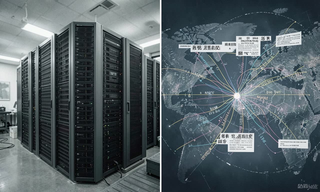 A split screen showing a Chinese data centre on one side and global internet connections on the other, with legal documents overlaying the connection points, documentary style