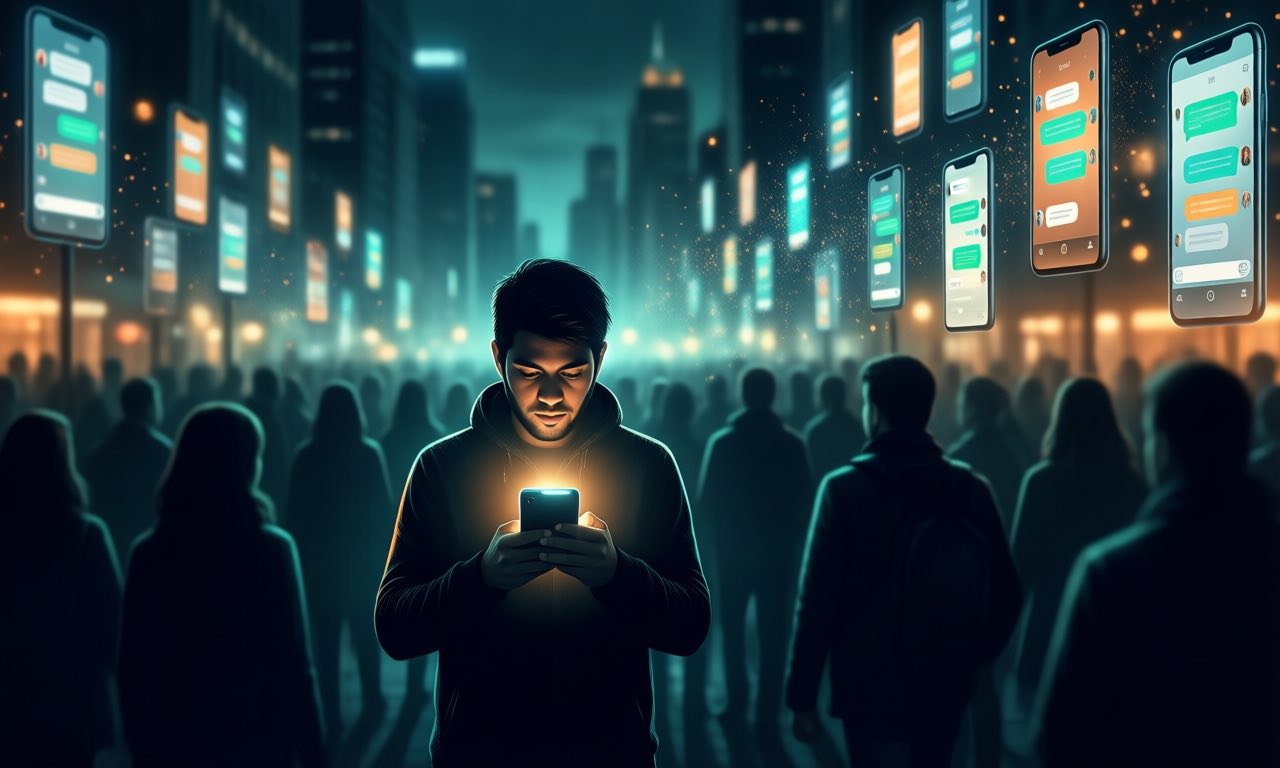 A lone person holding a glowing phone on a dark city square at night, surrounded by a wall of blurred neon screens fading into particle light