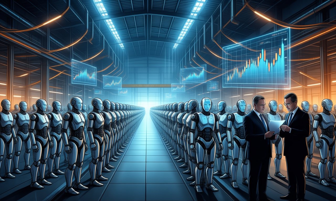 Rows of humanoid robots lined up in a vast modern factory hall, investors reviewing floating financial charts above them, cool industrial lighting with amber accents