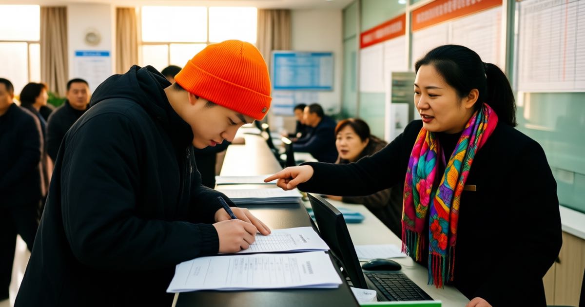 A young man with a bright beanie fills out a job application at a busy public employment services counter while an advisor points to a job board in warm morning light