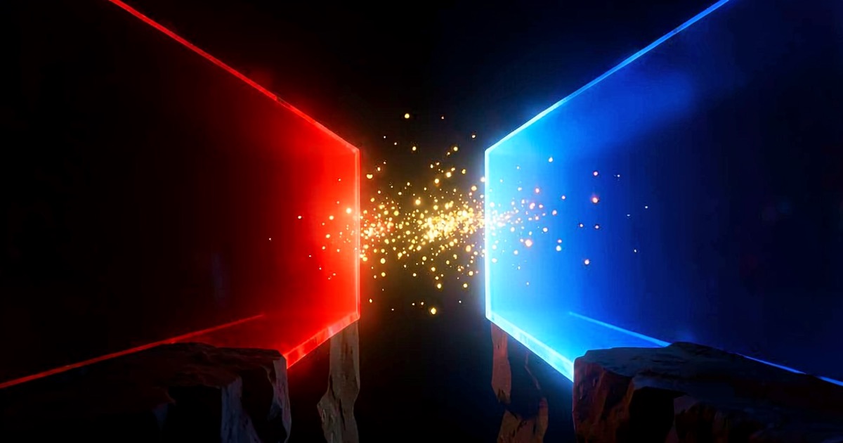 Abstract composition of two glowing translucent barriers in red and blue facing each other across a dark chasm with warm golden light particles drifting between them