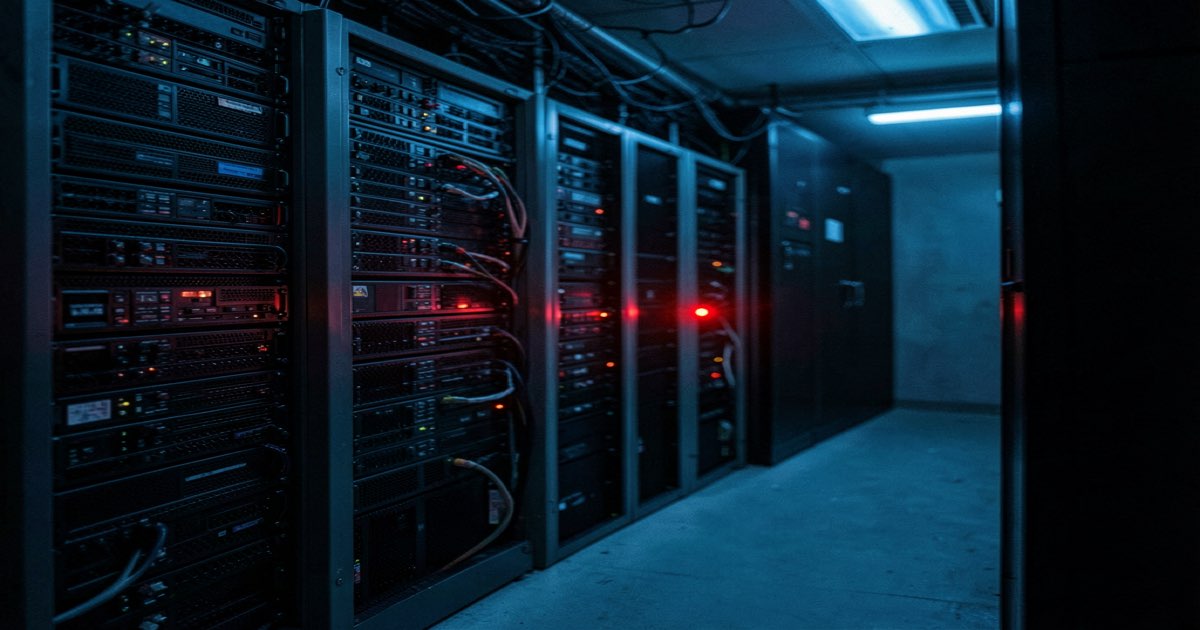 A dark server room with rows of network equipment, a single red warning light blinking on a firewall rack, cold blue ambient lighting, documentary photography style, no text no logos no letters no signs