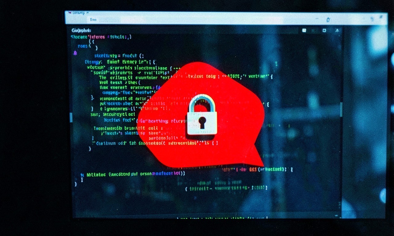 A GitHub repository page with a red security warning overlay, padlock icon broken, dark background with green code terminal text, cybersecurity aesthetic