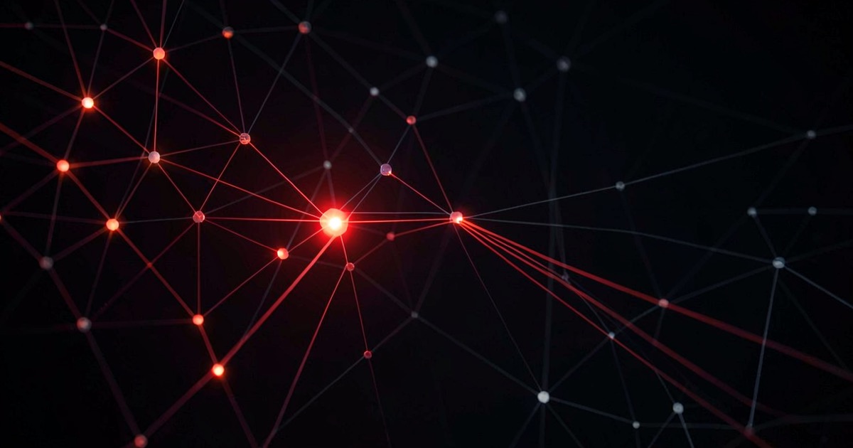Abstract rendering of a web of glowing interconnected nodes on a dark background, one node pulsing red as data flows outward through thin connecting lines.