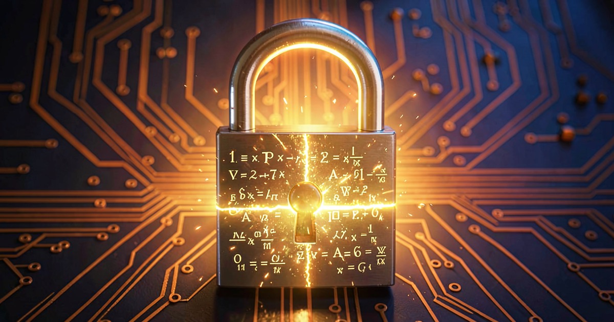 A glowing digital padlock with mathematical equations flowing through its mechanism, set against a bright circuit board background.