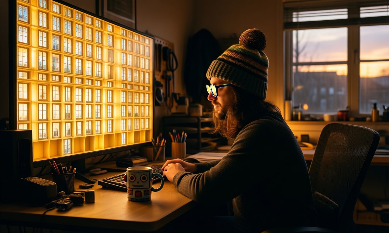 A person in a bobble hat at a dusk-lit home office desk, facing a wall of glowing screens cascading with dozens of small task windows like a hive of parallel work