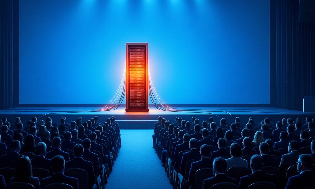 A conference hall at dusk seen from the back, rows of attendees facing a stage lit in cool blue, a single red glowing server rack standing where a podium would be