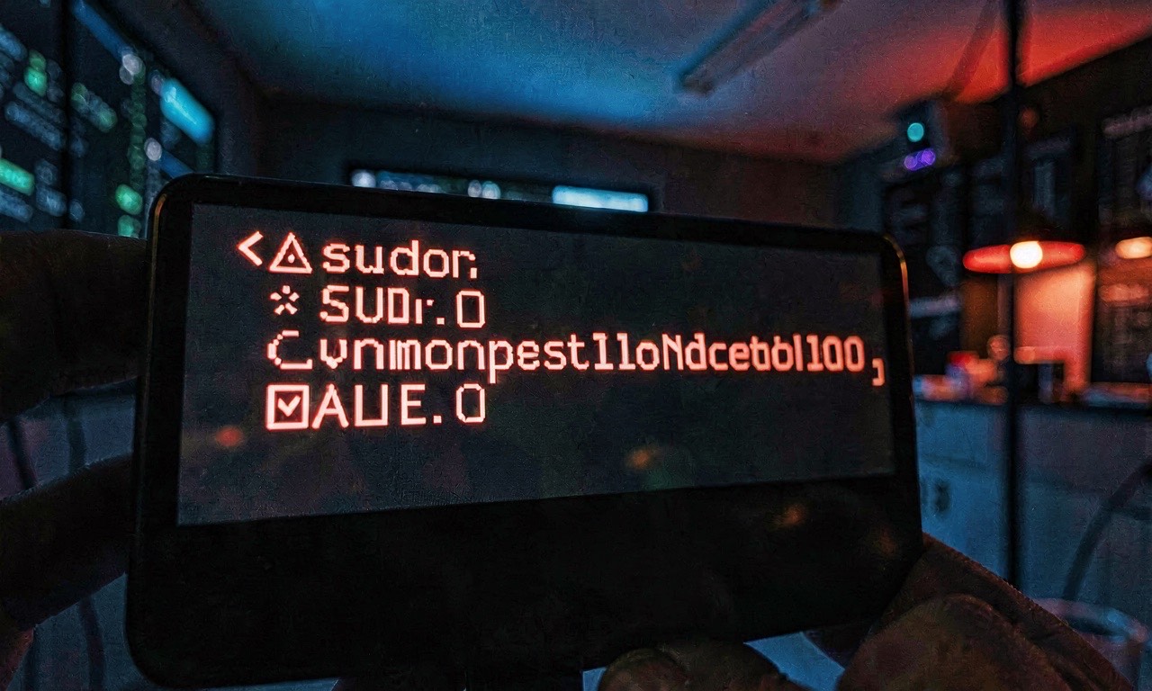 A terminal screen showing a sudo command with a red warning overlay, dark moody lighting, cybersecurity aesthetic