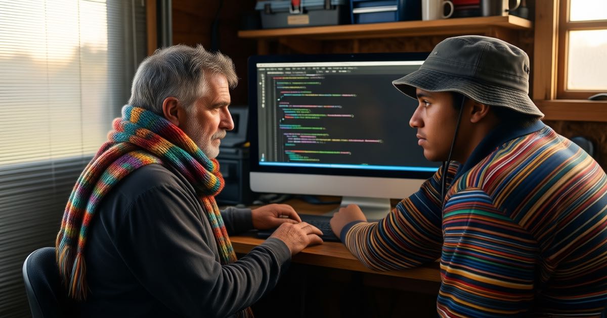 A veteran programmer with grey-streaked hair and mismatched patterned socks reviews code with a younger colleague at a workshop desk in a converted garage office, morning light, documentary style