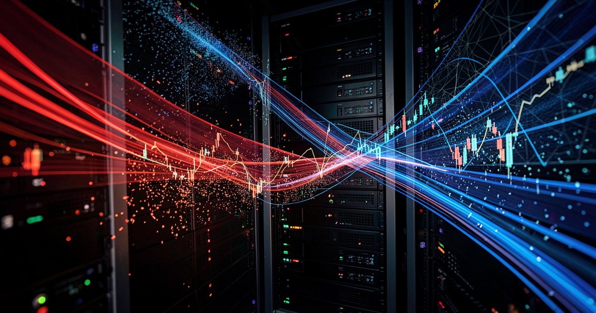 Abstract flowing red and blue data streams converging on a dark server rack with financial chart patterns dissolving into digital particles
