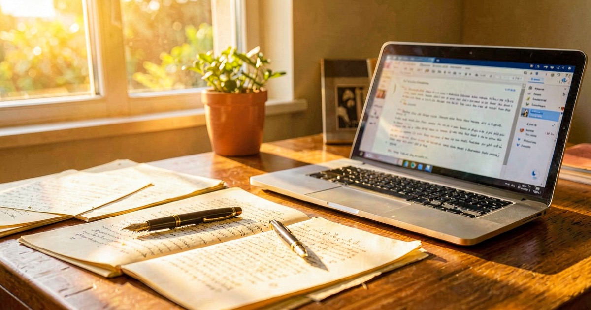 A bright, sunlit study desk with a manuscript pages scattered across it, a fountain pen resting on top, and a laptop open to a writing app. Warm golden afternoon light streams through a window illuminating the scene.