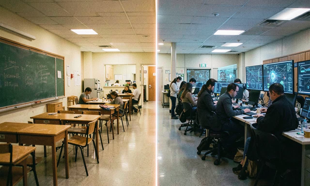 School hallway divided between a traditional classroom on one side and a modern tech lab with students building AI agents on the other, documentary photograph