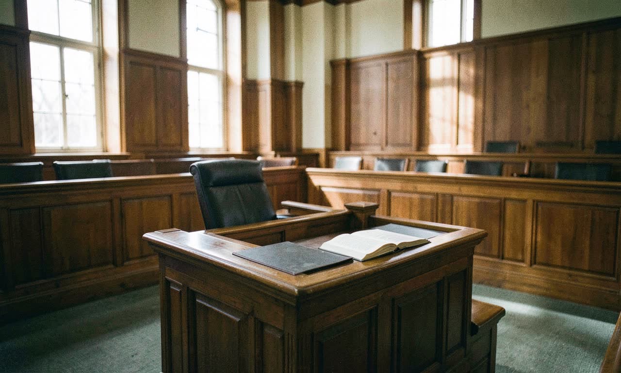 A courtroom with a judge's bench and empty gallery, warm wood panelling, a law book open on the bench, natural light through tall windows