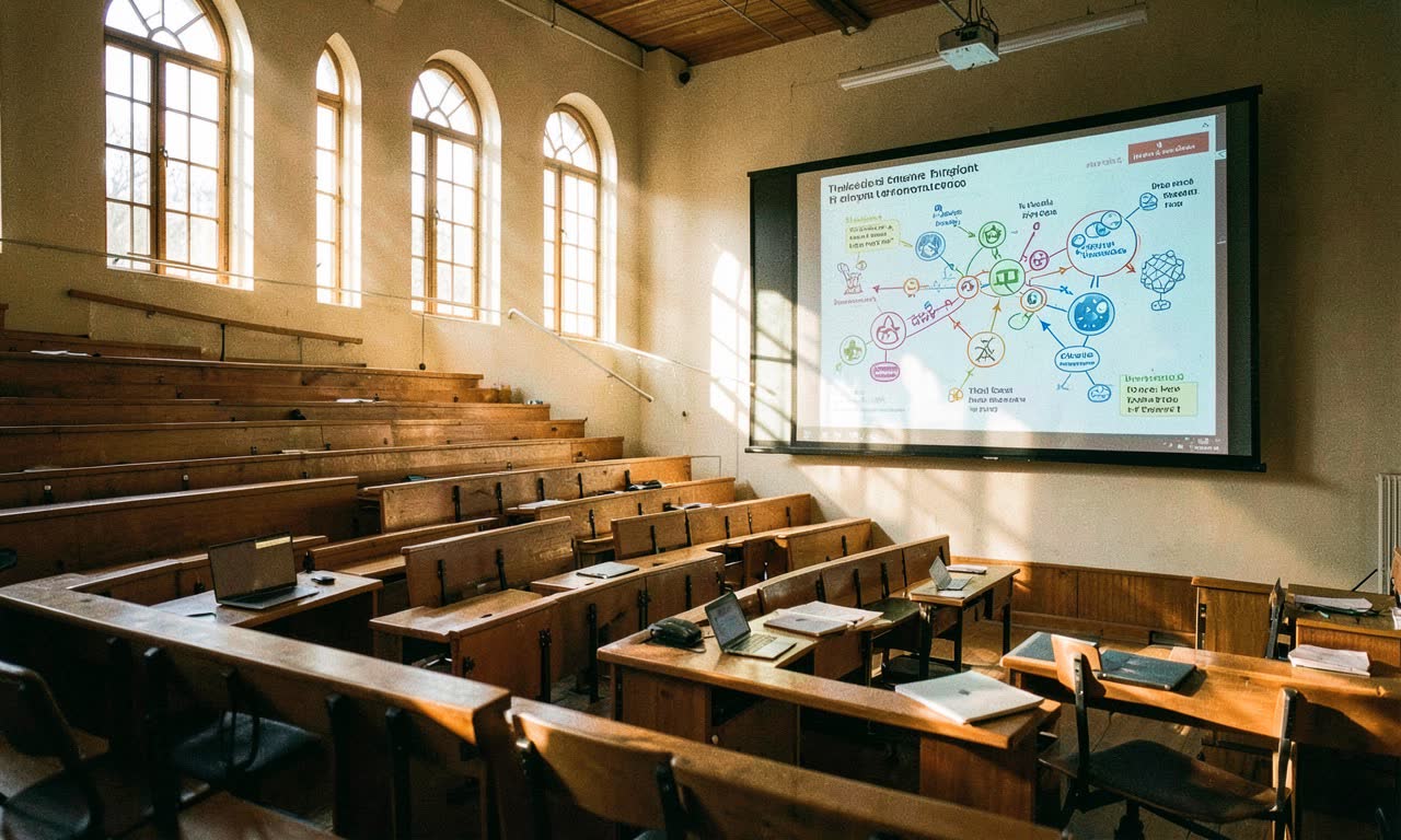A modern university lecture hall with a large screen showing a diagram of critical thinking frameworks and AI models, students with laptops, warm natural light through tall windows, documentary academic setting