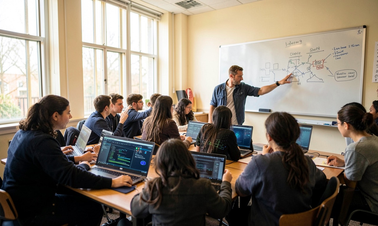 A university classroom where students are gathered around laptops with AI interface on screens, a teacher pointing at a diagram on a whiteboard, natural light through windows, collaborative learning atmosphere, documentary photography