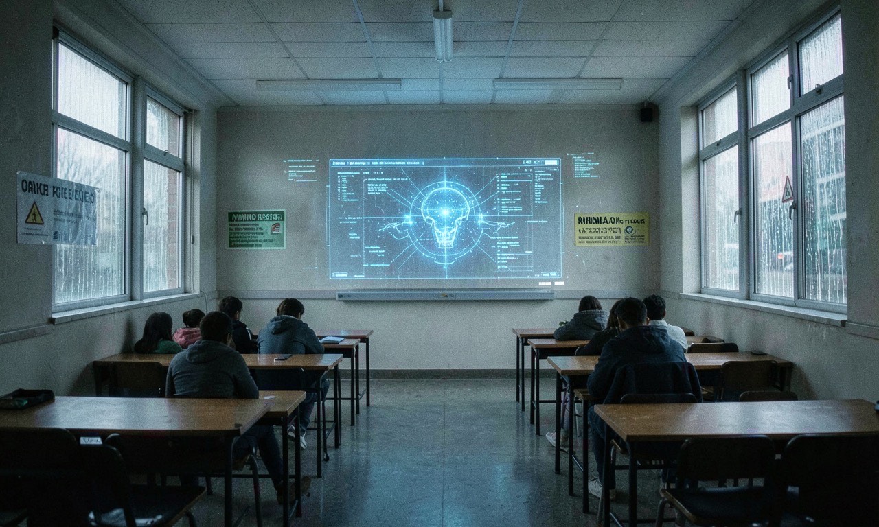 A classroom with students at desks, some using laptops, with a glowing digital overlay of warning symbols and AI icons, documentary style