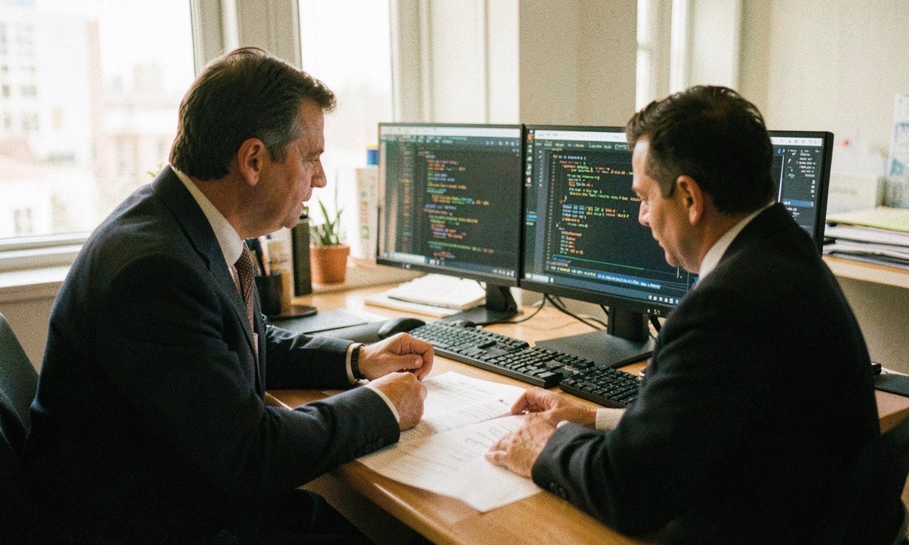 Two people in professional attire reviewing documents at a desk with dual computer monitors showing code and analytics, natural office lighting