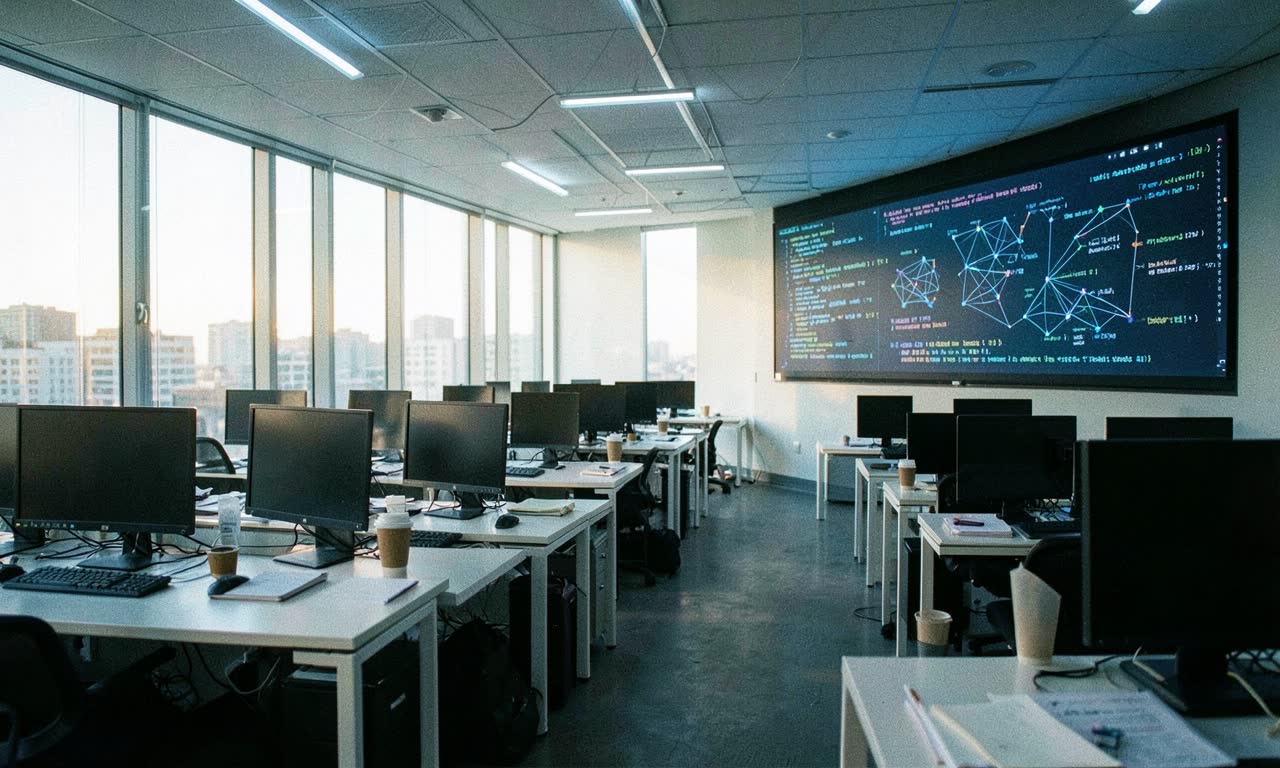 A modern open-plan office with empty desks and a large digital screen showing code and AI agent diagrams, blue-white fluorescent lighting mixed with screen glow, early morning atmosphere, documentary photography
