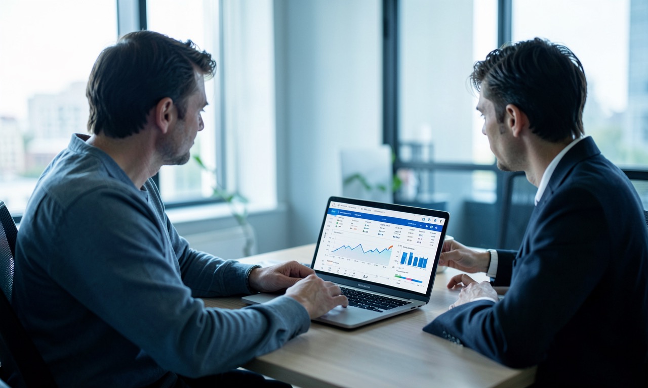 Two professionals sitting at a modern office desk reviewing a laptop screen showing salary data and career progression charts, natural light from large windows, calm professional atmosphere, documentary workplace photography