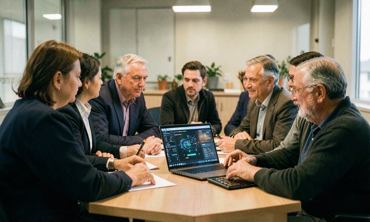 Diverse professionals collaborating around AI interface in modern office