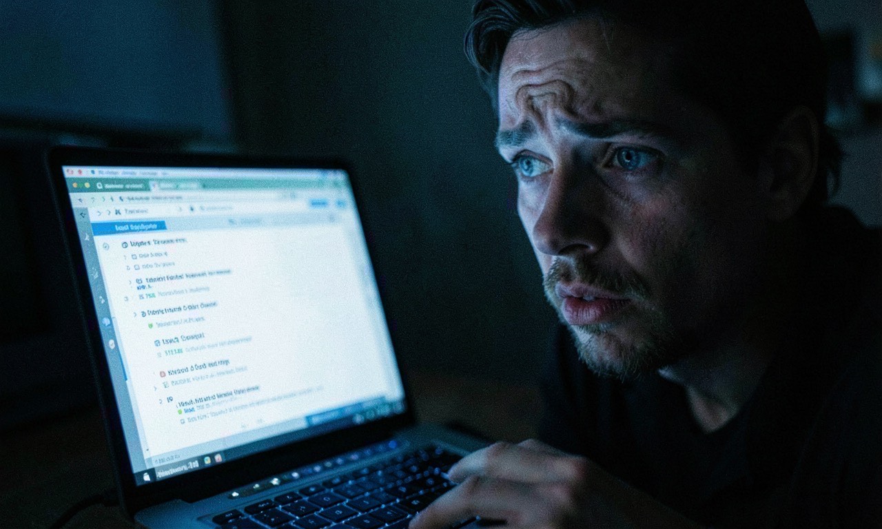 A person looking at a laptop showing a job portal with few results, dark moody lighting, close-up on their face