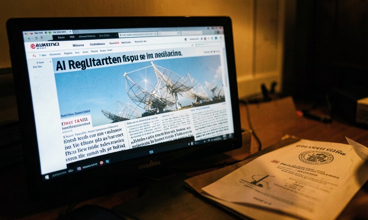 Collage of newspaper headlines and screenshots showing AI policy documents, satellite imagery, and data center infrastructure