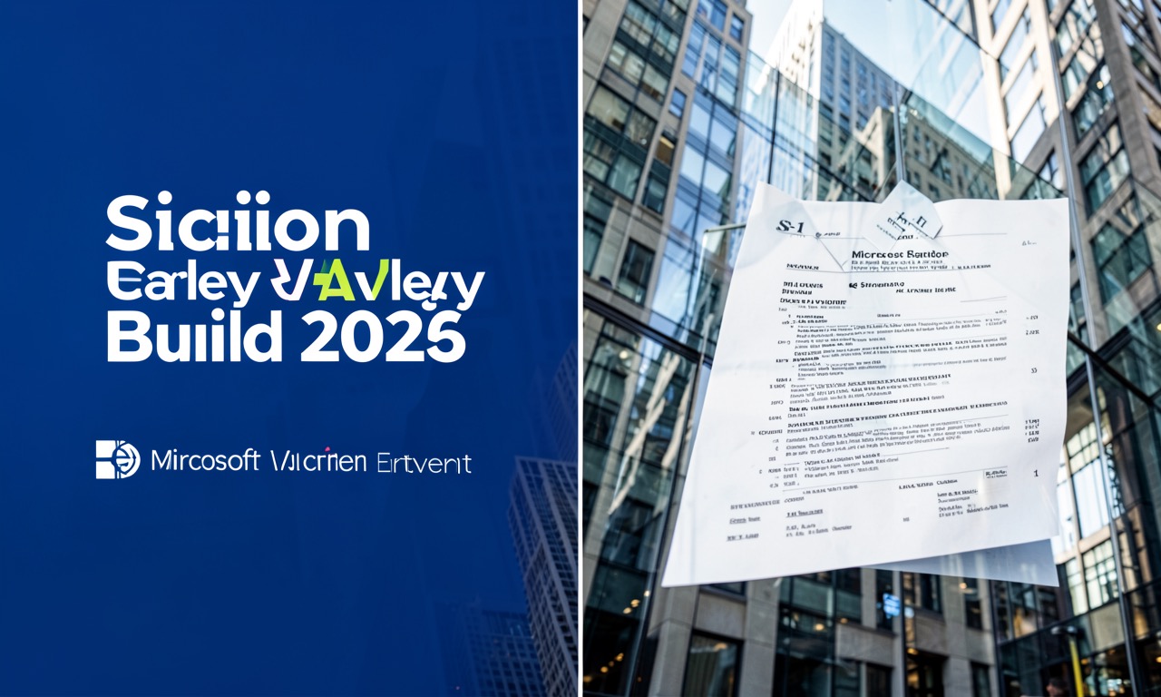 Split image showing Wall Street building with S-1 filing document on left and Microsoft Build 2026 conference banner on right, glass reflection between two worlds