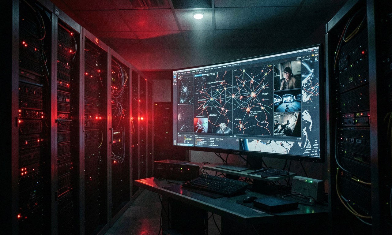 A server room data centre with red warning lights and security camera feeds visible on screens, surveillance-like angles, dramatic red and blue emergency lighting, photojournalistic