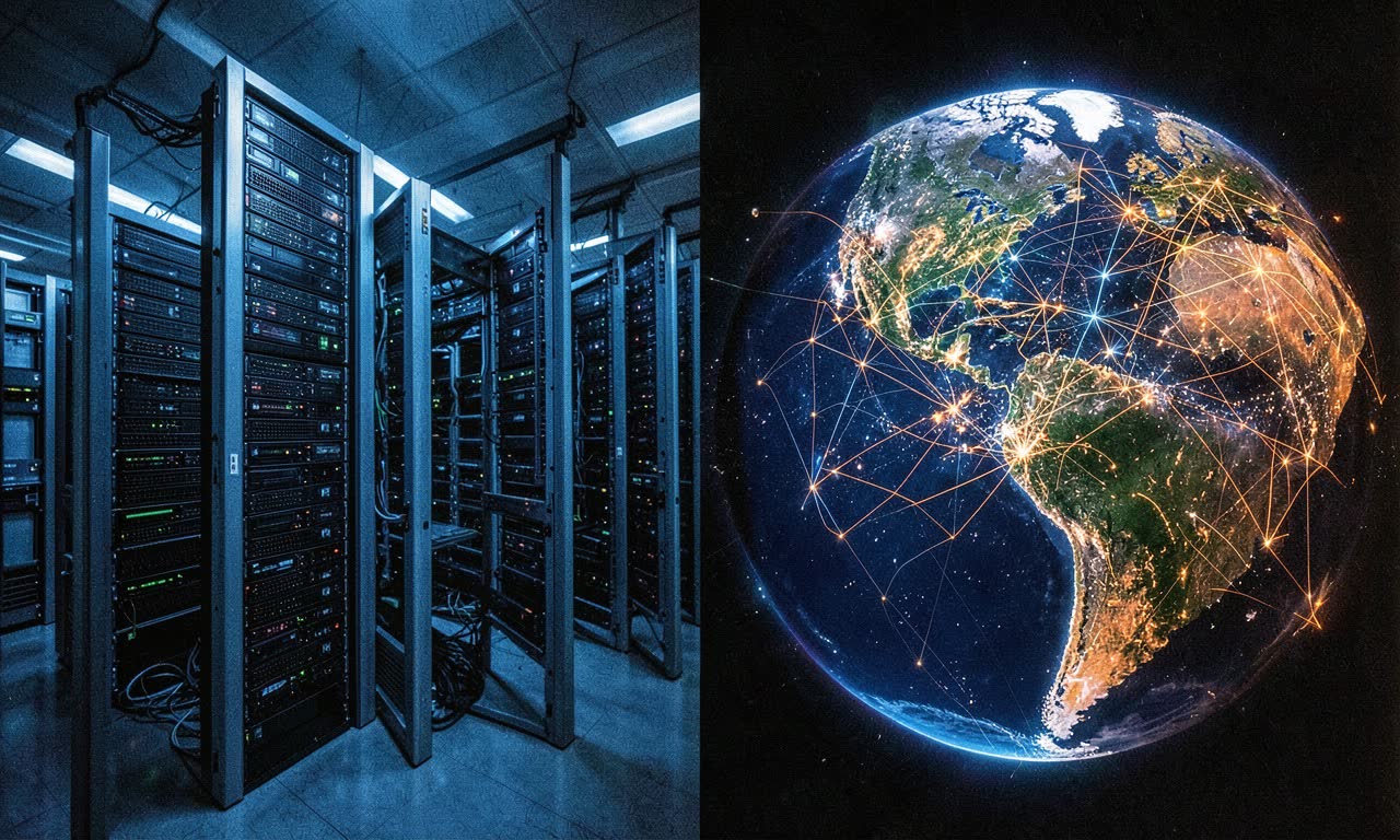 Split scene showing a data centre server farm on one side and a digital globe with AI network traffic lines on the other, dramatic contrast lighting, blue and orange tones, photojournalistic