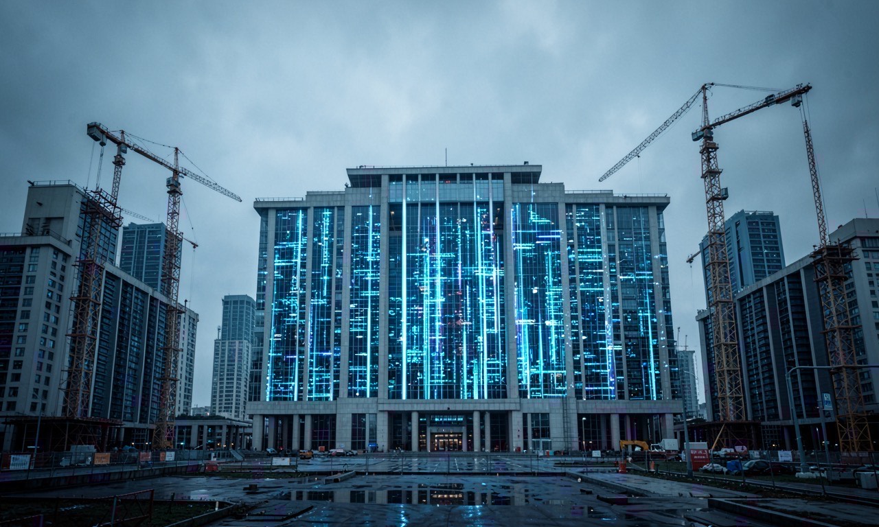 Government building with digital data streams, construction cranes building data centers