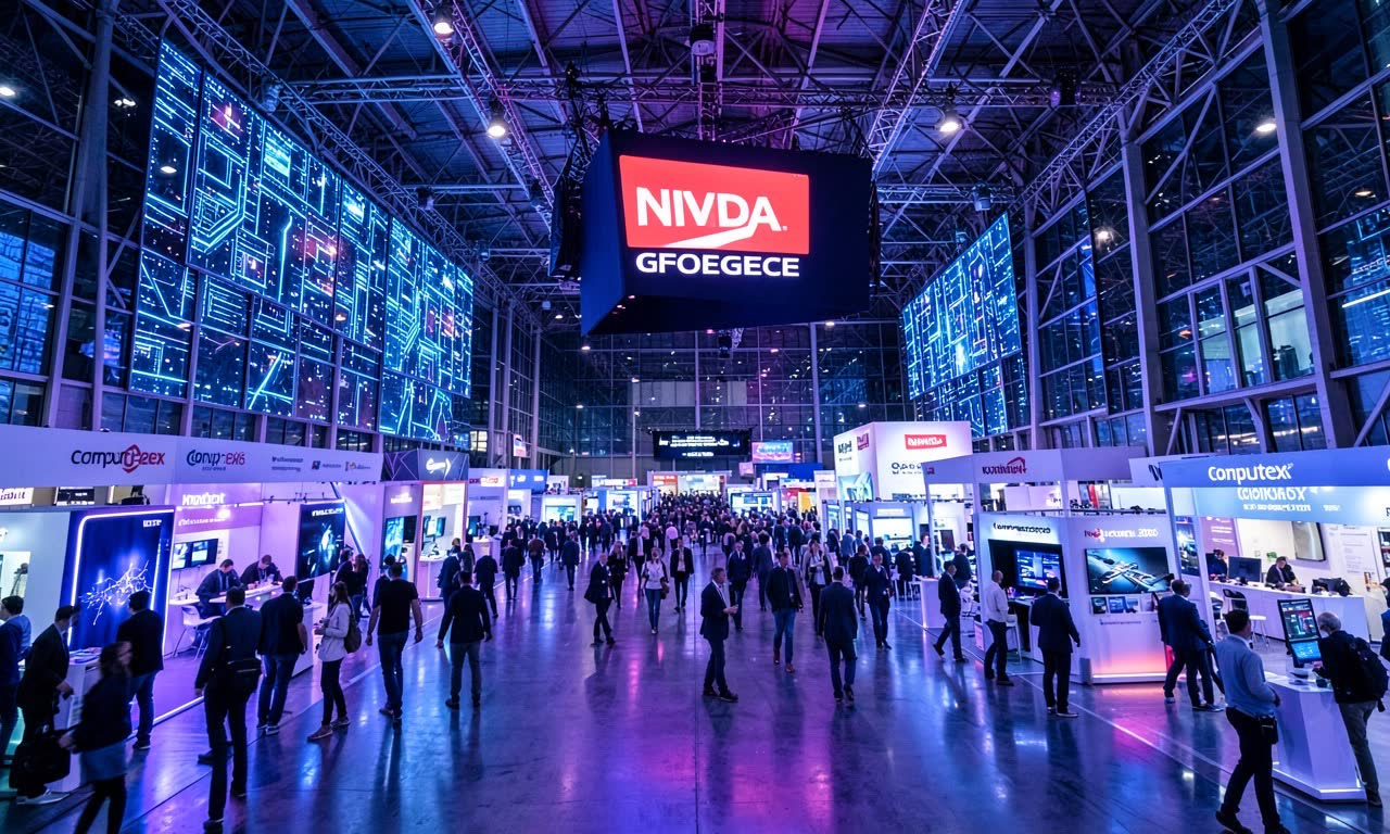 A busy technology convention floor with large glowing chip displays and a massive NVIDIA logo, people walking between exhibits, wide angle, warm stage lighting, Computex atmosphere