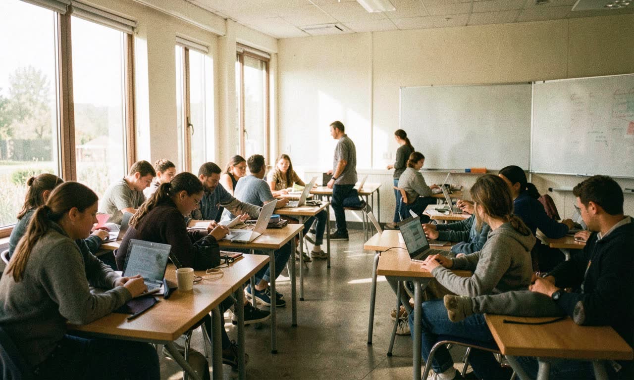 A modern classroom with diverse students at desks working on laptops, warm natural lighting, an instructor guiding at the front