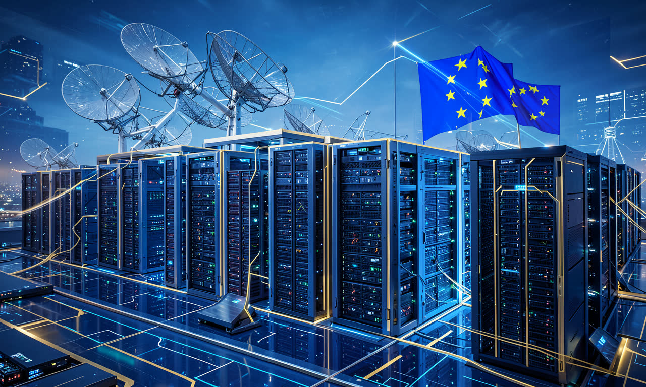 Futuristic data center with satellite dishes, GPU clusters, and European Union flag imagery