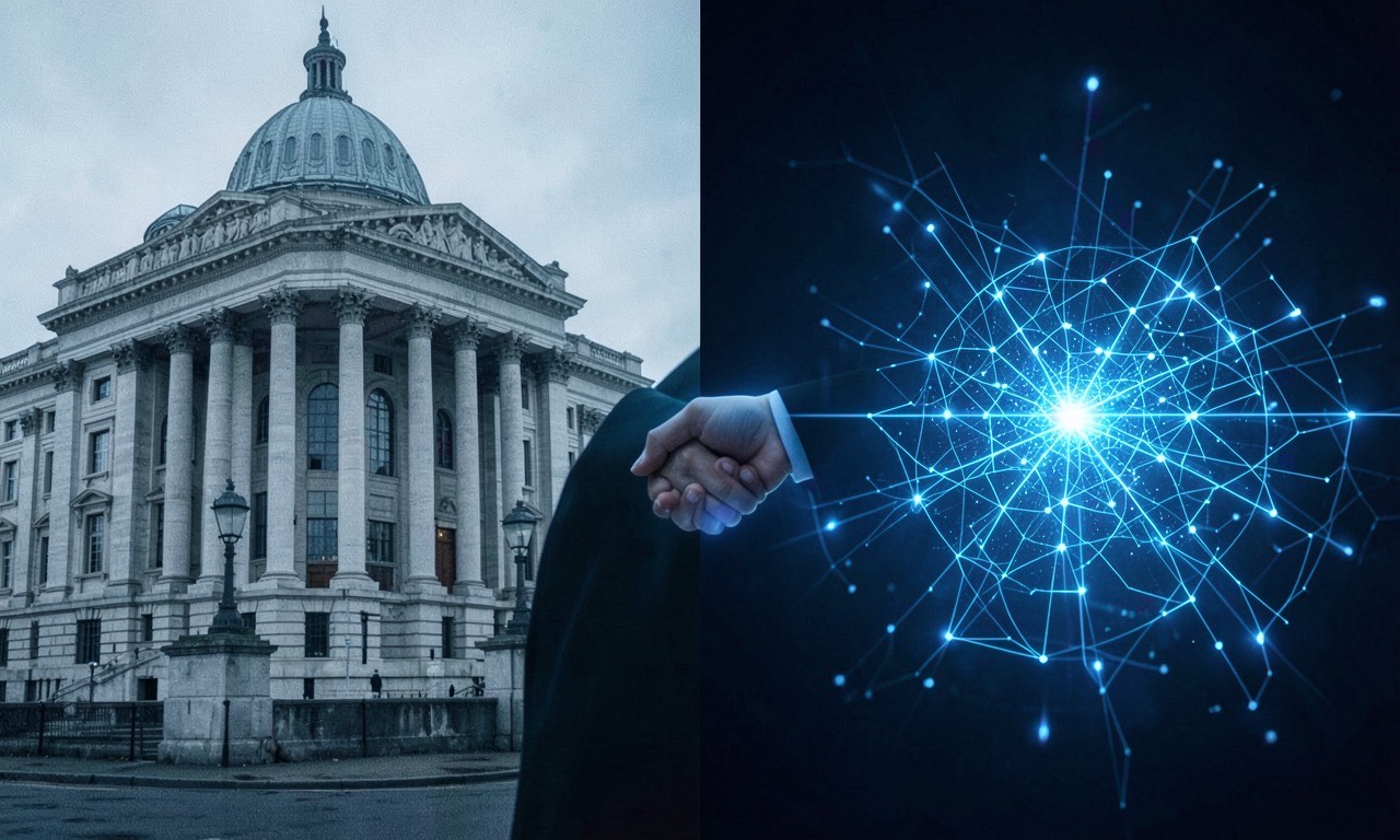 Split image showing a government building on one side and AI interface on the other, with a handshake between