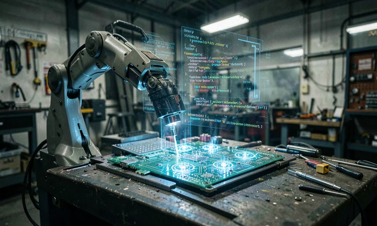 Robotic arm assembling a circuit board with glowing AI nodes, representing physical AI and hardware colliding with open source software