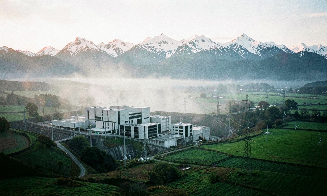 Hydroelectric dam with data centre buildings in the foreground, misty Southland morning, renewable energy infrastructure, documentary photojournalistic style