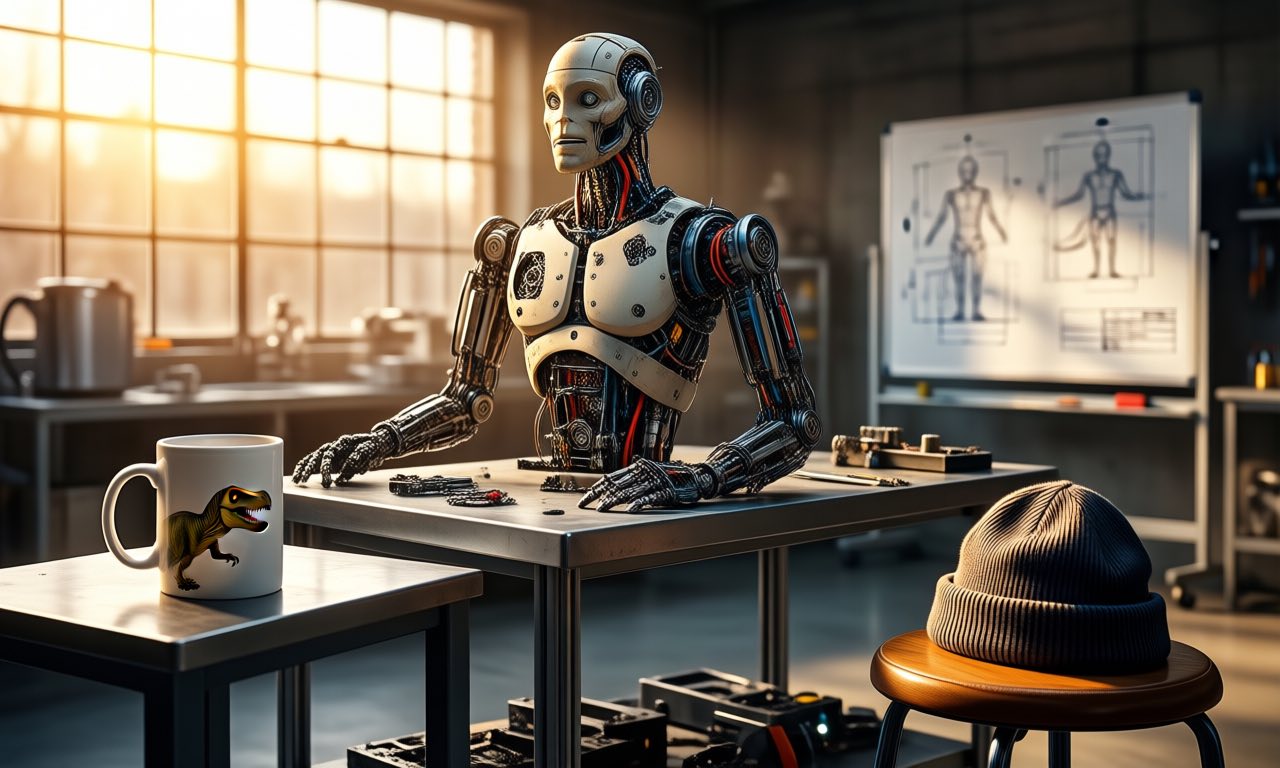 A robot hardware laboratory interior rendered in the style of an engineering workshop, a partially assembled humanoid robot torso on a workbench, a dinosaur mug on a side table, warm afternoon light through large windows, a beanie resting on a stool, no text no logos.