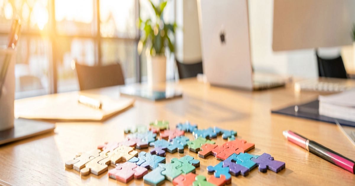 A bright warm-lit modern office workspace with modular puzzle pieces fitting together on a desk, symbolizing plugin architecture