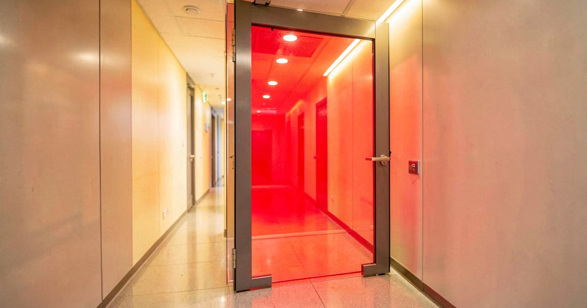 A closed door in a modern office building with a red light glowing behind it, symbolising a paused deal, bright corridor lighting