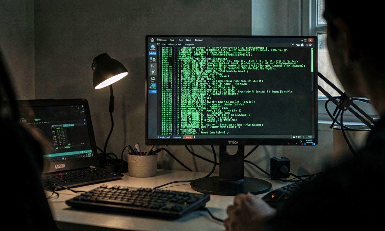 A terminal screen showing cascading green code with cache-hit metrics glowing in the corner, dark room, developer workstation, cinematic