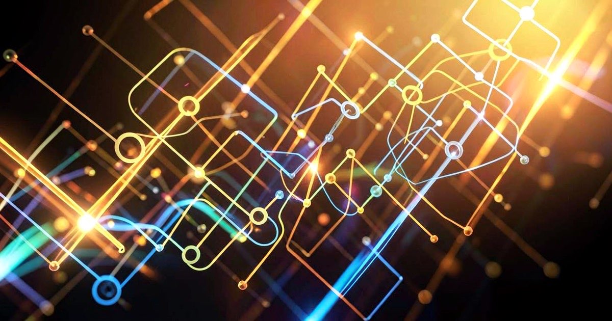 A bright abstract composition of overlapping API connection points and data streams in warm gold and blue tones, with downward-sloping price lines cutting across the frame, vibrant warm lighting