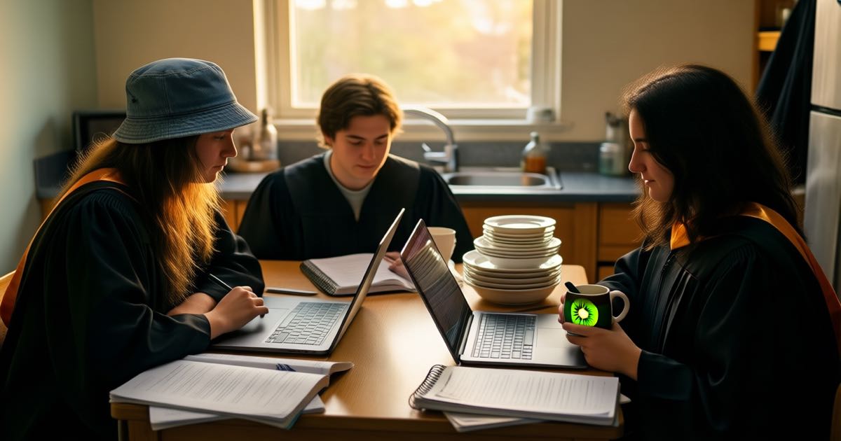 International students working at a kitchen table covered in laptops and lecture notes in a shared flat, one wearing a bucket hat, one with a mug shaped like a kiwi bird, warm golden evening light, documentary editorial photography