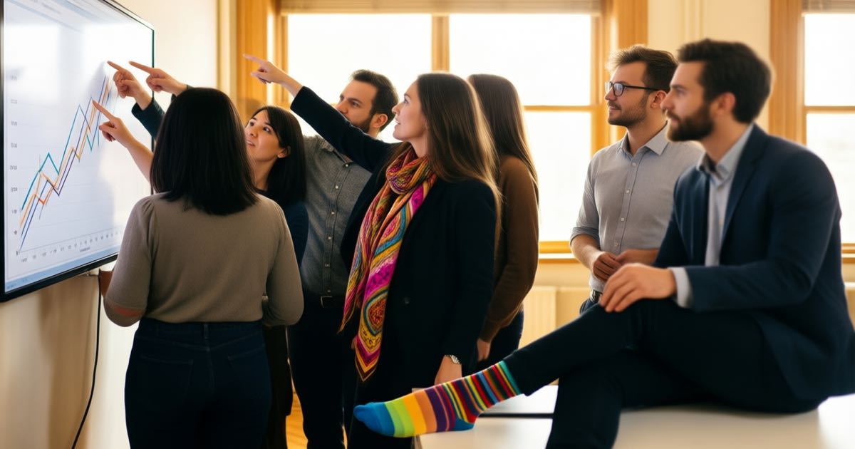 A diverse group of office workers collaborating around a large screen showing rising charts in a bright open-plan workplace, one woman in a colourful patterned scarf, warm natural light, documentary editorial photography