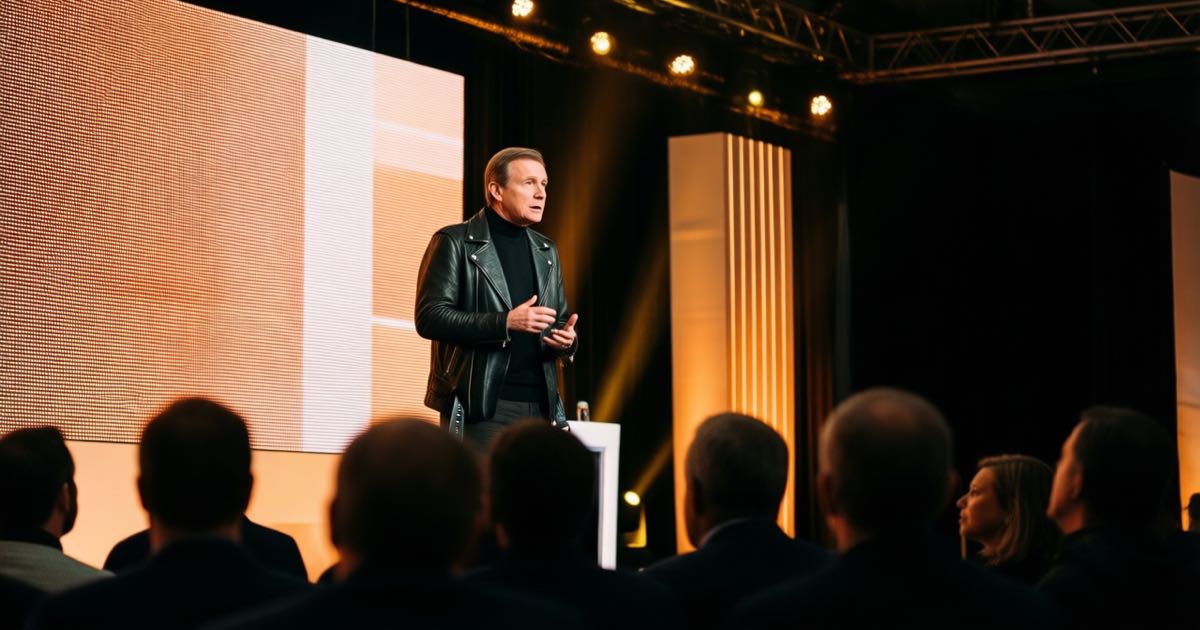 Two tech executives on a modern keynote stage in front of a large glowing screen, one in a black leather jacket, audience silhouettes in the foreground, warm stage lighting, candid event photography