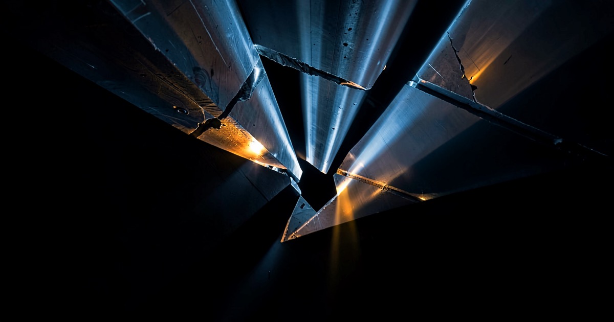 Abstract composition showing a fractured bridge of light beams over a dark void, geometric gaps visible between segments, no text or logos