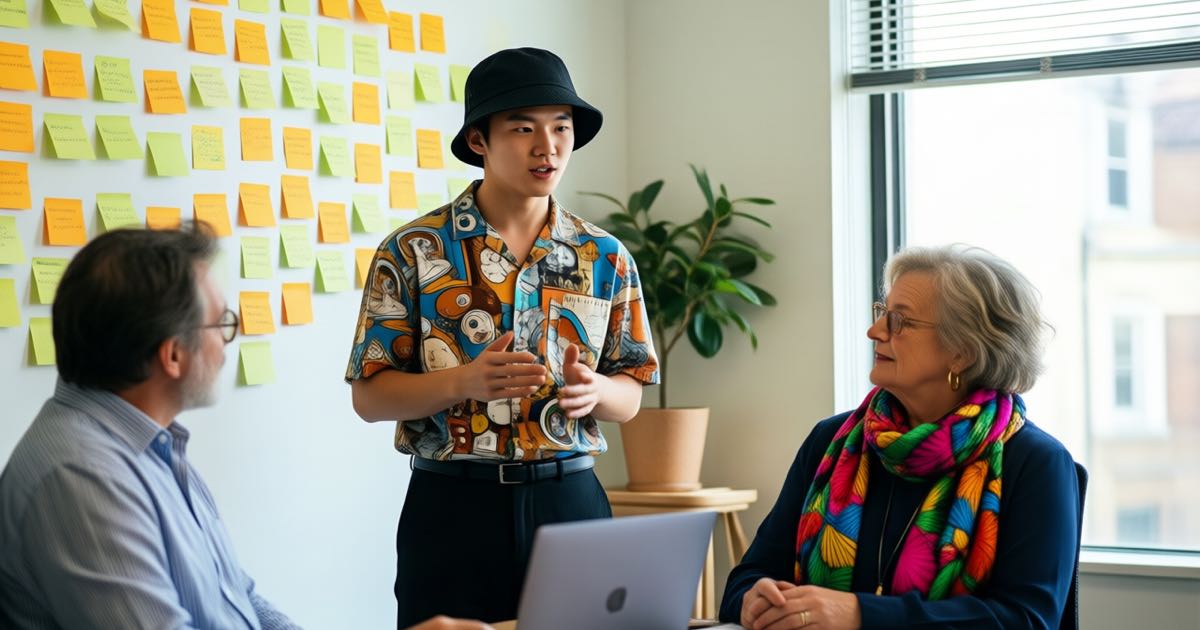A young advertising account executive in a quirky patterned shirt and bucket hat presenting to two senior colleagues in a bright agency studio with a wall of sticky notes, natural window light, documentary editorial photography