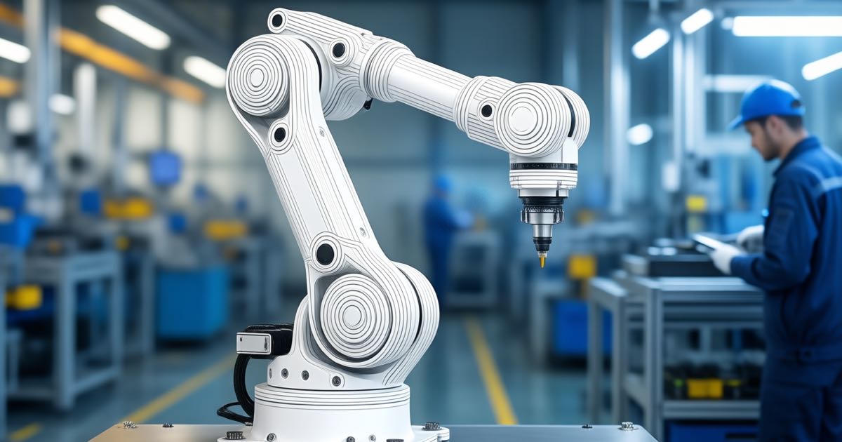 A compact white six-axis collaborative robot arm working beside a worker in a modern electronics assembly facility